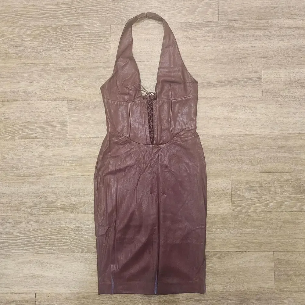 HOUSE OF CB 'Jaquetta' Wine / Burgundy Vegan Leather Midi Dress